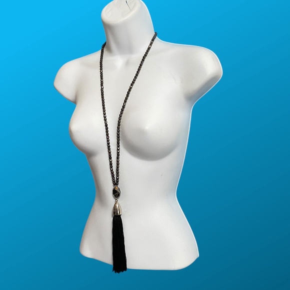 CHICO"S Glass Beads Black Silk Tassel Long Statement Necklace 31"-35" - Picture 4 of 7